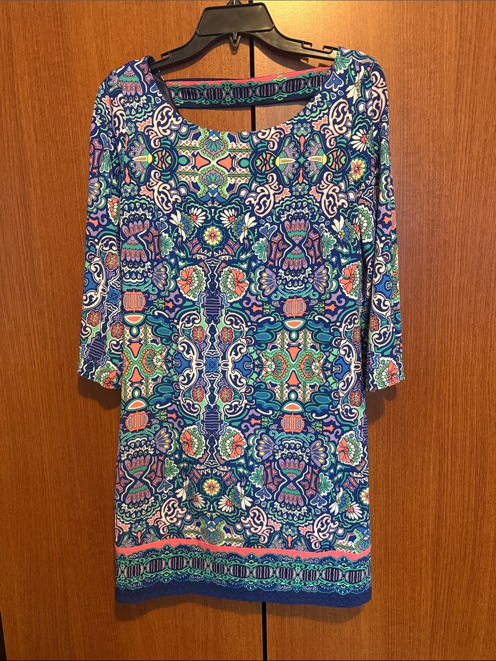 Laundry By Shelli Segal Blue Teal Multicolor Paisley Shift Dress 3/4 Sleeve